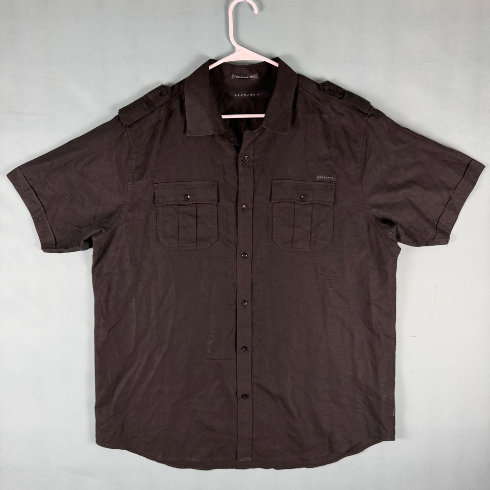 Sean John Mens XXL Charcoal Linen Blend Utility Short Sleeve Button Up Shirt